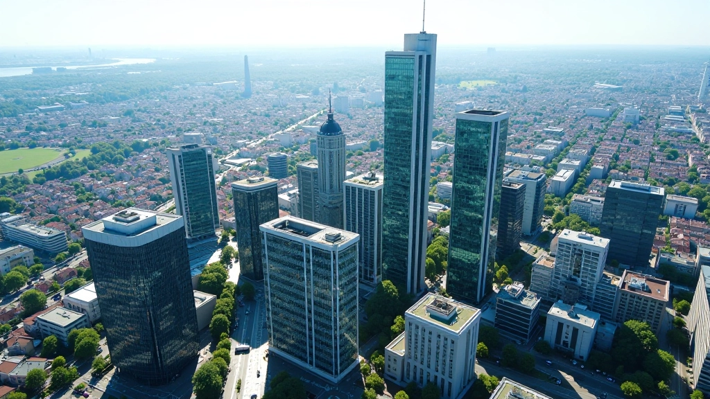 Vue aérienne de quartiers d'affaires européens avec immeubles de bureaux modernes et anciens, paysage urbain commercial