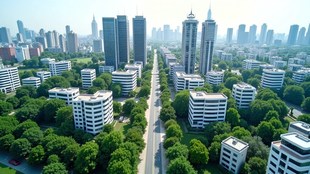 Vue aérienne de quartier d'affaires européen moderne, immeubles de bureaux dispersés, espaces verts, urbanisme contemporain