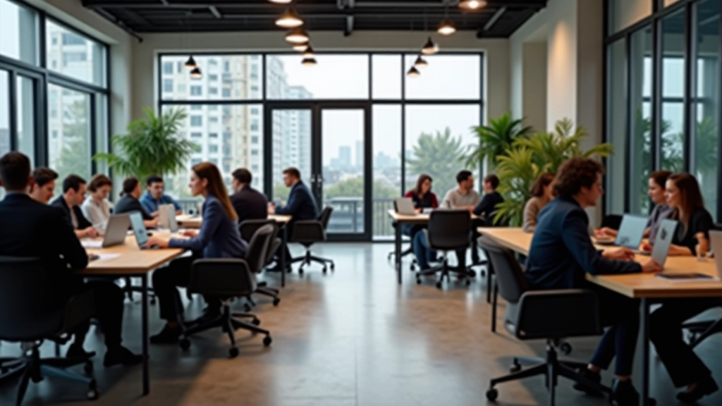 Espace de travail partagé avec zones collaboratives, bureaux individuels cloisonnés, ambiance professionnelle, équipes diversifiées travaillant côte à côte