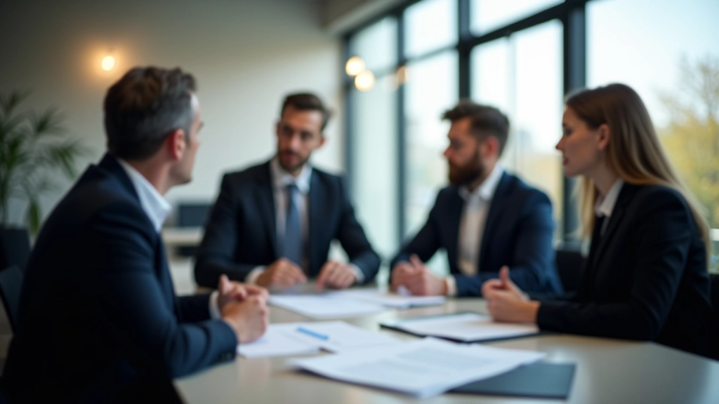 Investisseurs en réunion autour d'une table, discutant des flux de capitaux immobiliers, documents d'investissement et portfolios visibles