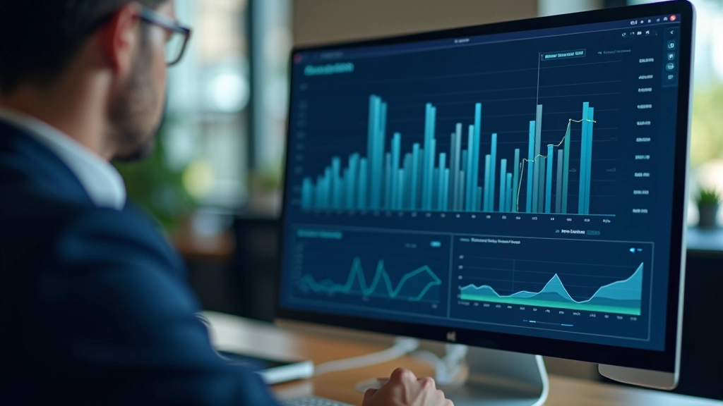 Graphique de tendances du marché immobilier avec lignes de rendement, données analytiques sur écran, tableau de bord d'investissement