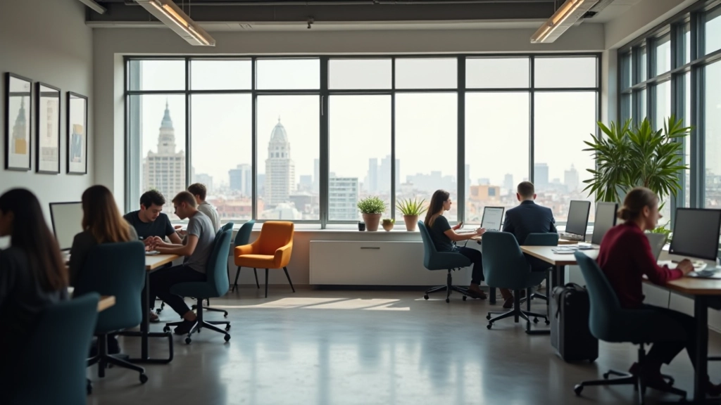 Espace de coworking contemporain avec mobilier design, grandes fenêtres naturelles, travailleurs en action, environnement collaboratif