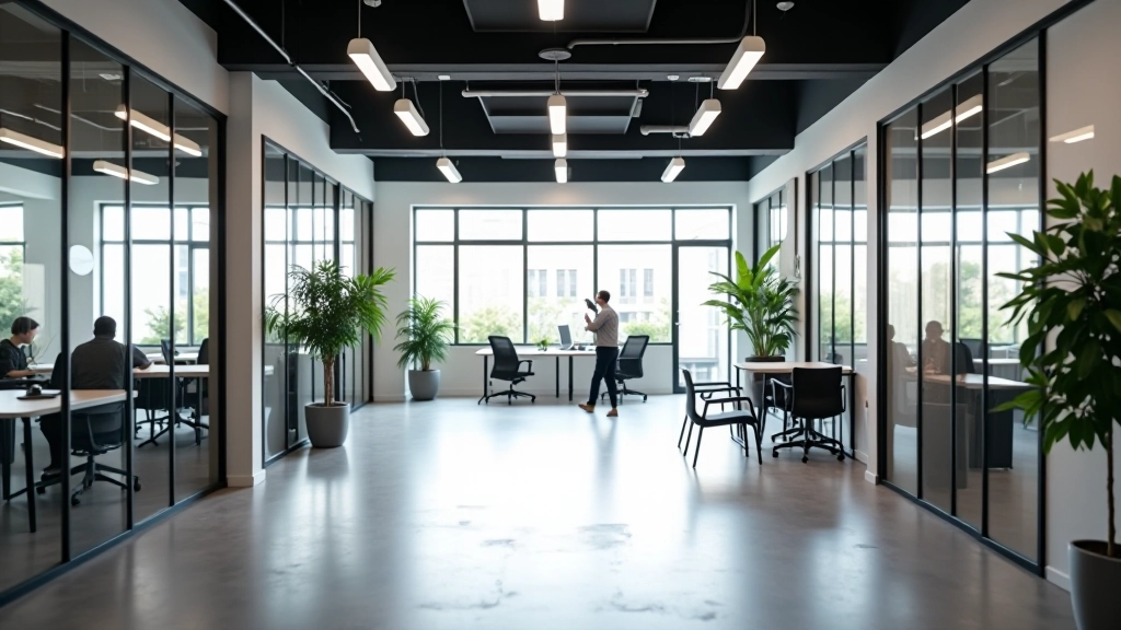 Intérieur d'un espace de coworking moderne avec bureaux flexibles, aménagement contemporain, ambiance professionnelle