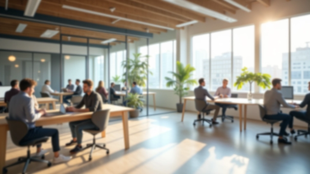Espace de coworking moderne avec zones ouvertes, bureaux partagés, tables de travail collaboratif, intérieur design contemporain