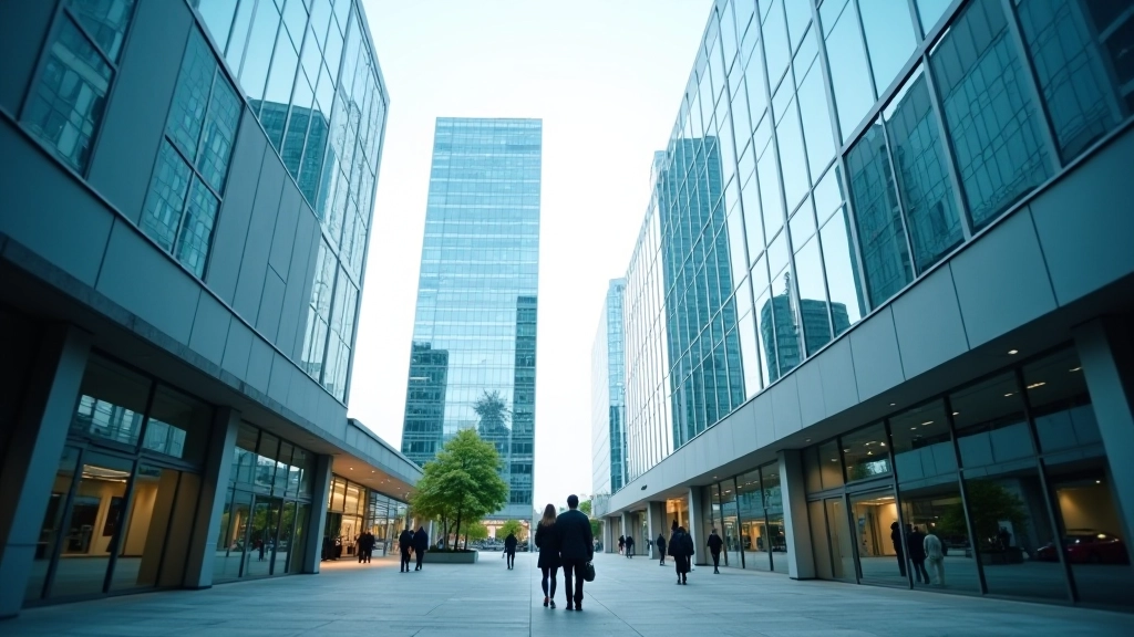 Immeuble de bureaux modernes avec architecture contemporaine, façade en verre et acier, quartier d'affaires européen, photographie de jour