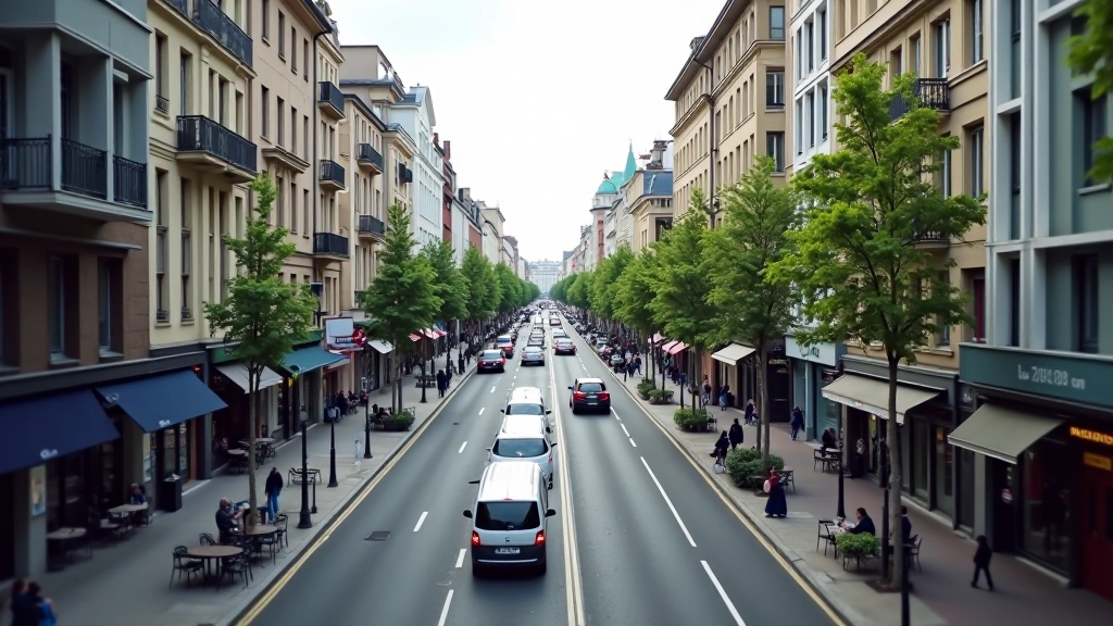 Vue aérienne de quartier urbain dense, transports publics visibles, proximité de commerces et restaurants, environnement mixte professionnel-résidentiel